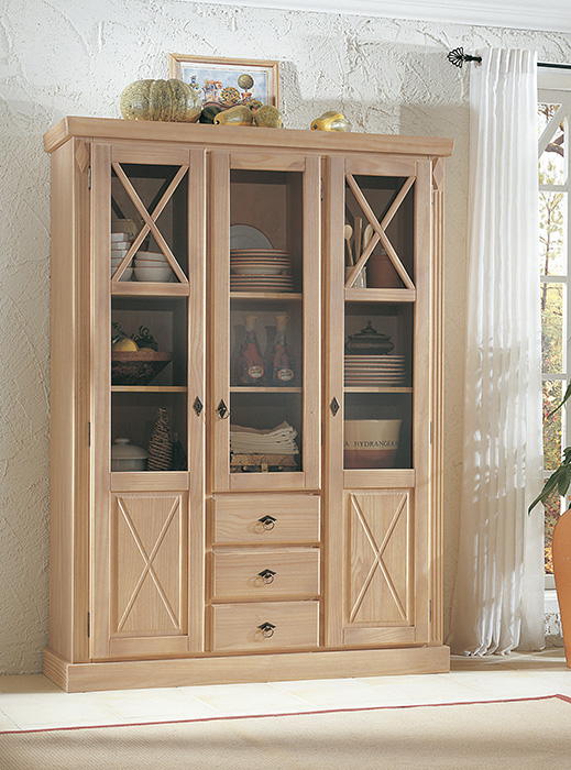 Toskana Vitrine 3-türig Pinie Massiv, Massivholz Standvitrine Glasvitrine Buffet